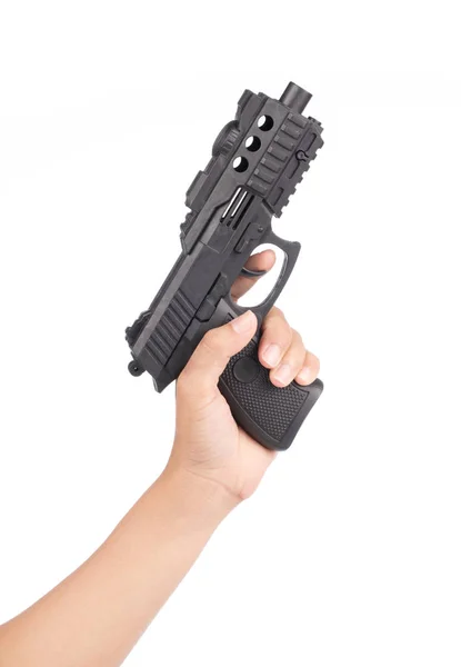 Hand playing with a toy gun isolated on white background — ストック写真