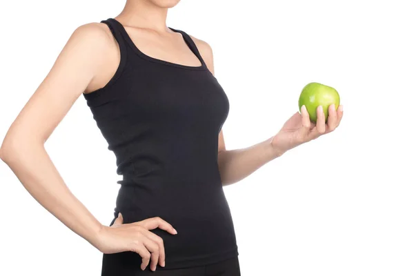 Jeune femme mince tenant la pomme verte. Isolé sur fond blanc — Photo