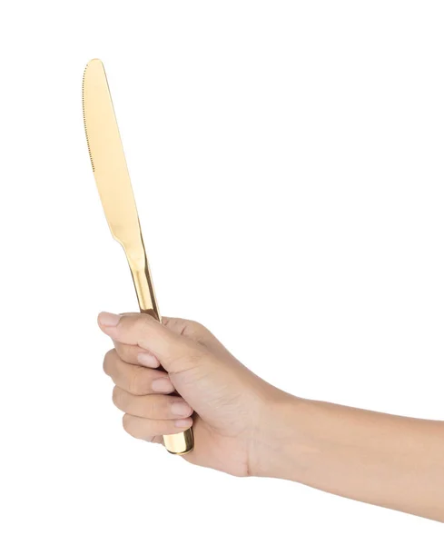 Hand holding golden knife isolated on white background — Stock Photo, Image