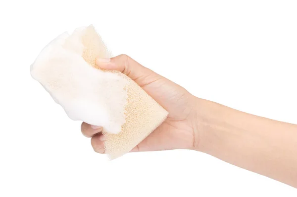 Esponja de mano para limpiar la cocina aislada en respaldo blanco —  Fotos de Stock