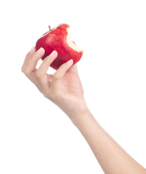 Mano tenendo mela rossa isolata su sfondo bianco . — Foto Stock