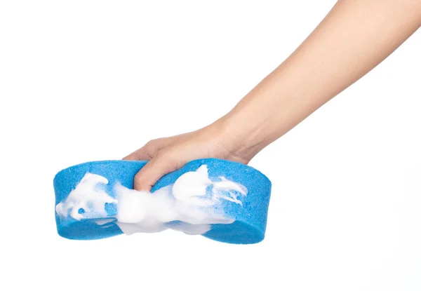 Hand houden Spons met schuim zeep sud geïsoleerd op witte backgro — Stockfoto