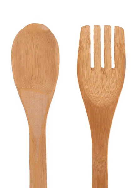木制和叉子勺，白色背景隔离 — 图库照片