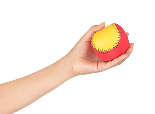 Mão segurando bola brinquedo isolado no fundo branco — Fotografia de Stock