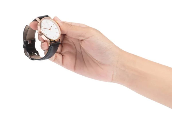 Рука тримає наручний годинник ізольовано на білому тлі — стокове фото