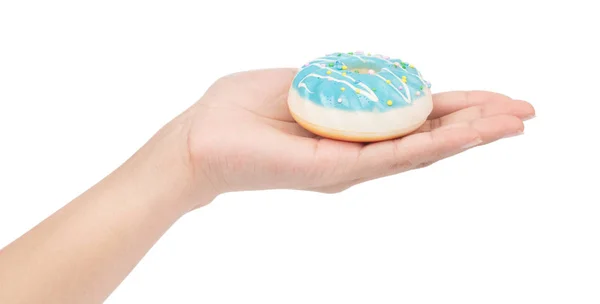Hand houden Donut geïsoleerd op witte achtergrond. — Stockfoto