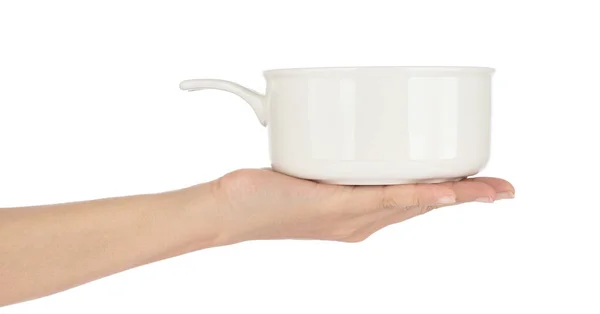 Mão segurando Vazio branco Sopa Bowls isolado no fundo branco — Fotografia de Stock