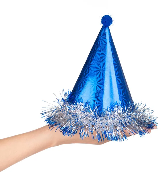 Hand holding Blue of Party hat isolated on a white background — 스톡 사진