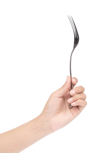 Hand innehav rostfritt gaffel isolerad på vit bakgrund — Stockfoto