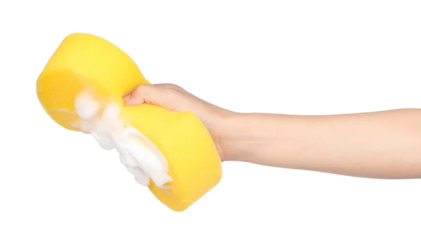Mão segurando esponja com espuma sabão sud isolado no backgro branco — Fotografia de Stock