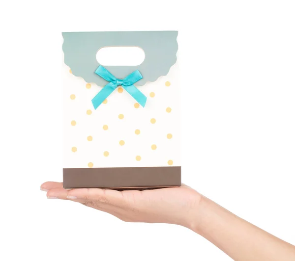 Hand holding gift craft paper bag with green bows, ribbon isolat — ストック写真
