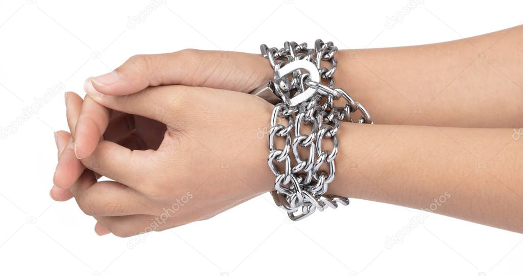 Hands in chains isolated on white background
