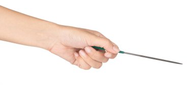 hand holding Old chisel isolated on white background