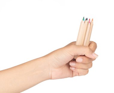 hand holding Wooden colorful ordinary pencils isolated on white 