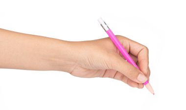 hand holding pink pencil isolated on a white background