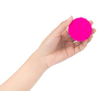 hand holding Make-up pink powder in plastic box isolated on whit