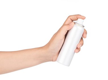 hand of a girl applied a sunscreen spray isolated on white backg