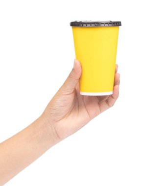hand holding Paper coffee cup isolated on white background