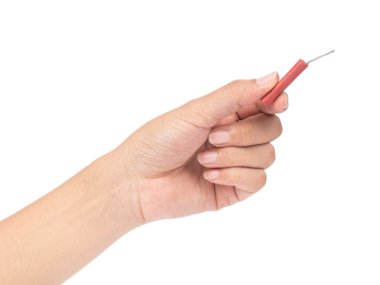 hand holding firecracker isolated on white background