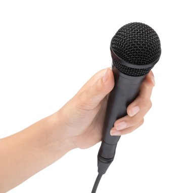 Hand holding a microphone interview conducting a business isolat