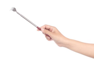 hand holding steel to scratch back isolated on white background