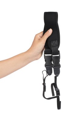 Hand holding Black of camera strap isolated on a white backgroun