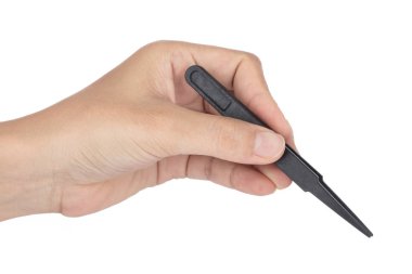 Hand holding black anti-static tweezers isolated on white backgr