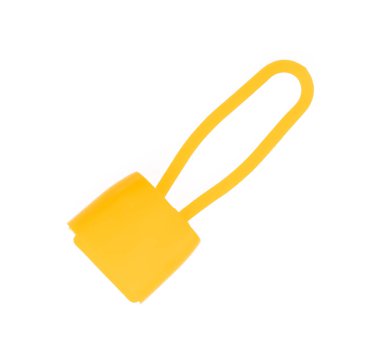 Beyaz arkaplanda izole edilmiş ağ çuvalı için sarı plastik kilit.