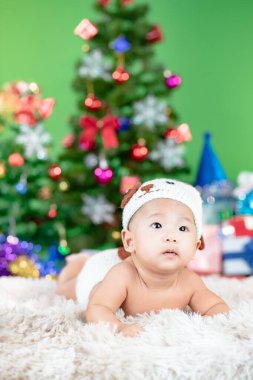 Yeni yılınız kutlu olsun küçük şirin bebek köpek takan Noel ağacınız 