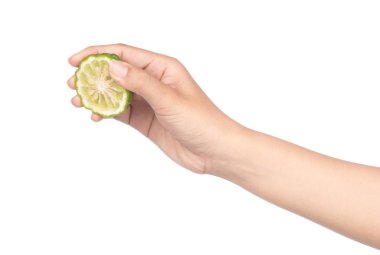 hand holding Bergamot fruit slice isolated on white background