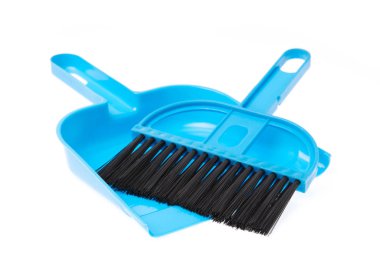 Blue Broom and dustpan isolated on white background. 