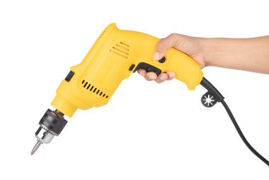 Hand holding Electric drill isolated on white background