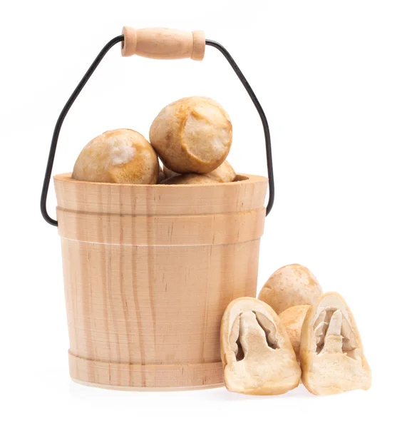 Wooden buckets of mushroom isolated on white background — 图库照片