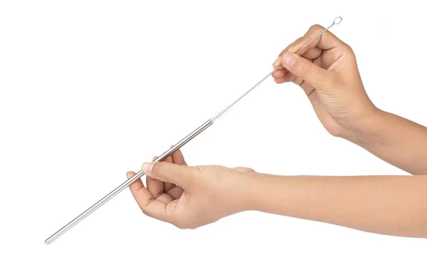Ținând mâna tub perii Instrument de curățare izolat pe spate alb — Fotografie, imagine de stoc