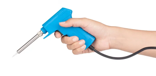 Hand holding Gun electric solder for soldering electronic work i — 图库照片