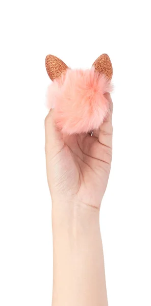 Hand holding keychain Fur ball isolated on white background — 스톡 사진