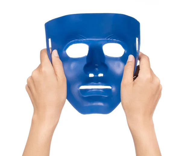 흰 바탕에 고립된 푸른 마스크를 들고 있는 손 — 스톡 사진