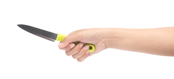 Mão segurando faca verde isolado no fundo branco — Fotografia de Stock