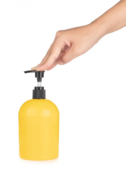 Hand Hålla Plastbehållare Med Pump Isolerad Vit Bakgrund — Stockfoto