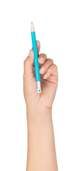 Χέρι κρατώντας μπλε μολύβι απομονωμένο σε λευκό φόντο — Φωτογραφία Αρχείου