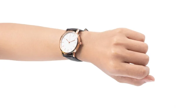 Mão segurando relógio de pulso isolado no fundo branco — Fotografia de Stock