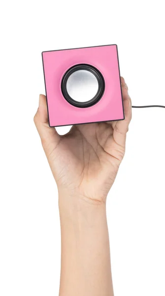 Ręczne trzymanie Pink Small głośniki izolowane na białym tle — Zdjęcie stockowe