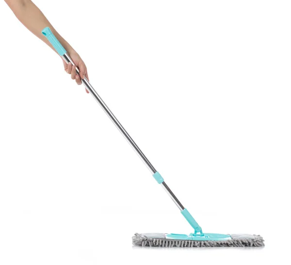 Hand holding a mop cleaning floor isolatedon white background — 图库照片