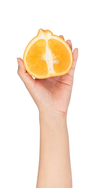 Hand holding Half of orange isolated on white background — Stock Photo, Image