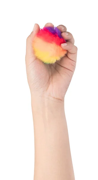 Färgglada av Fur bollen på handen isolerad på vit bakgrund — Stockfoto