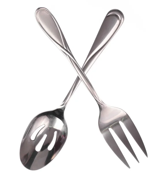 Forchetta e cucchiaio in acciaio inox isolati su fondo bianco — Foto Stock