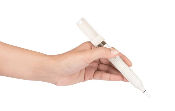 Mână ţinând lipire fraier sau seringă pentru aspiraţie lipire — Fotografie, imagine de stoc