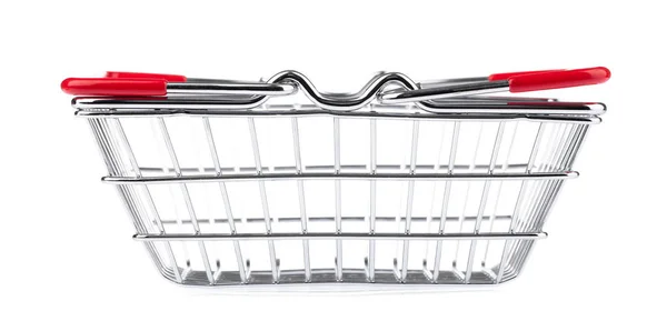 Cromado fio de metal quadrado vazio cesta de compras isolado — Fotografia de Stock
