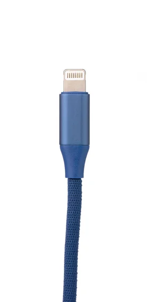 Cable de carga móvil USB-Lightning azul aislado en respaldo blanco — Foto de Stock