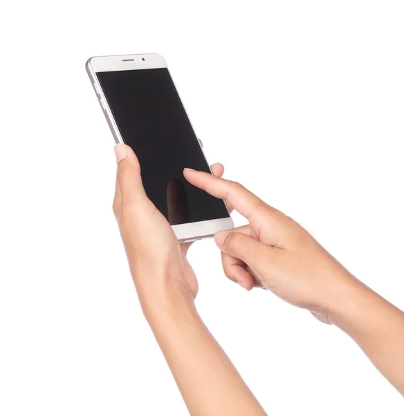 Sentuh layar ponsel, di tangan terisolasi pada latar belakang putih — Stok Foto